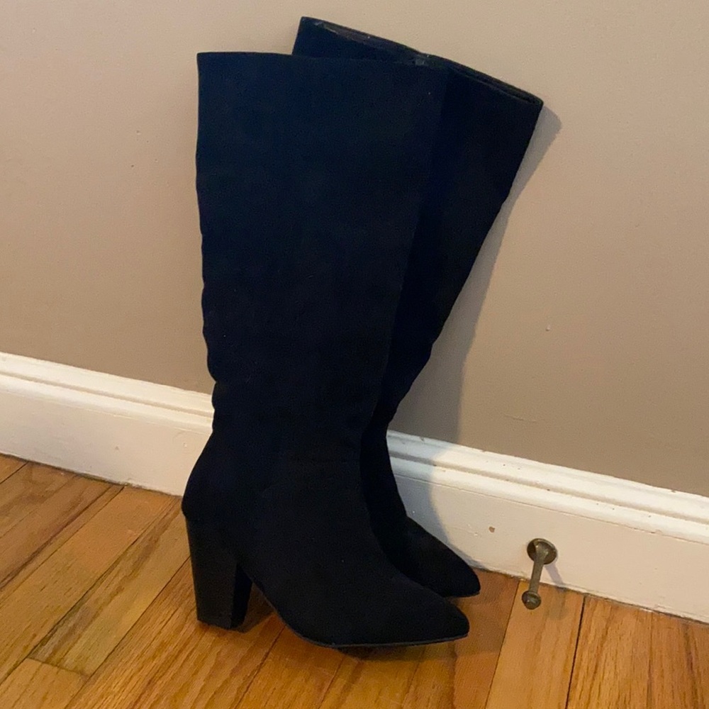 JUSTFAB Black Faux Velvet Heeled Boots